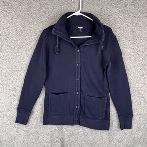 J Crew Cardigan Sweater Mens S Navy Heavy Cotton Pockets Button Front Drawstring